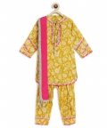 Girl Floral Jaal Suit Set - Yellow